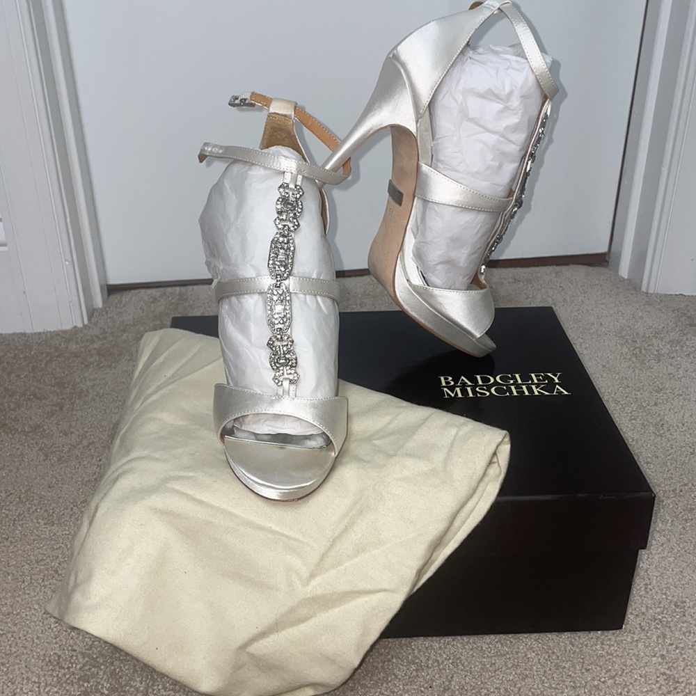 Badgley Mischeka White Satin Embellished Heels